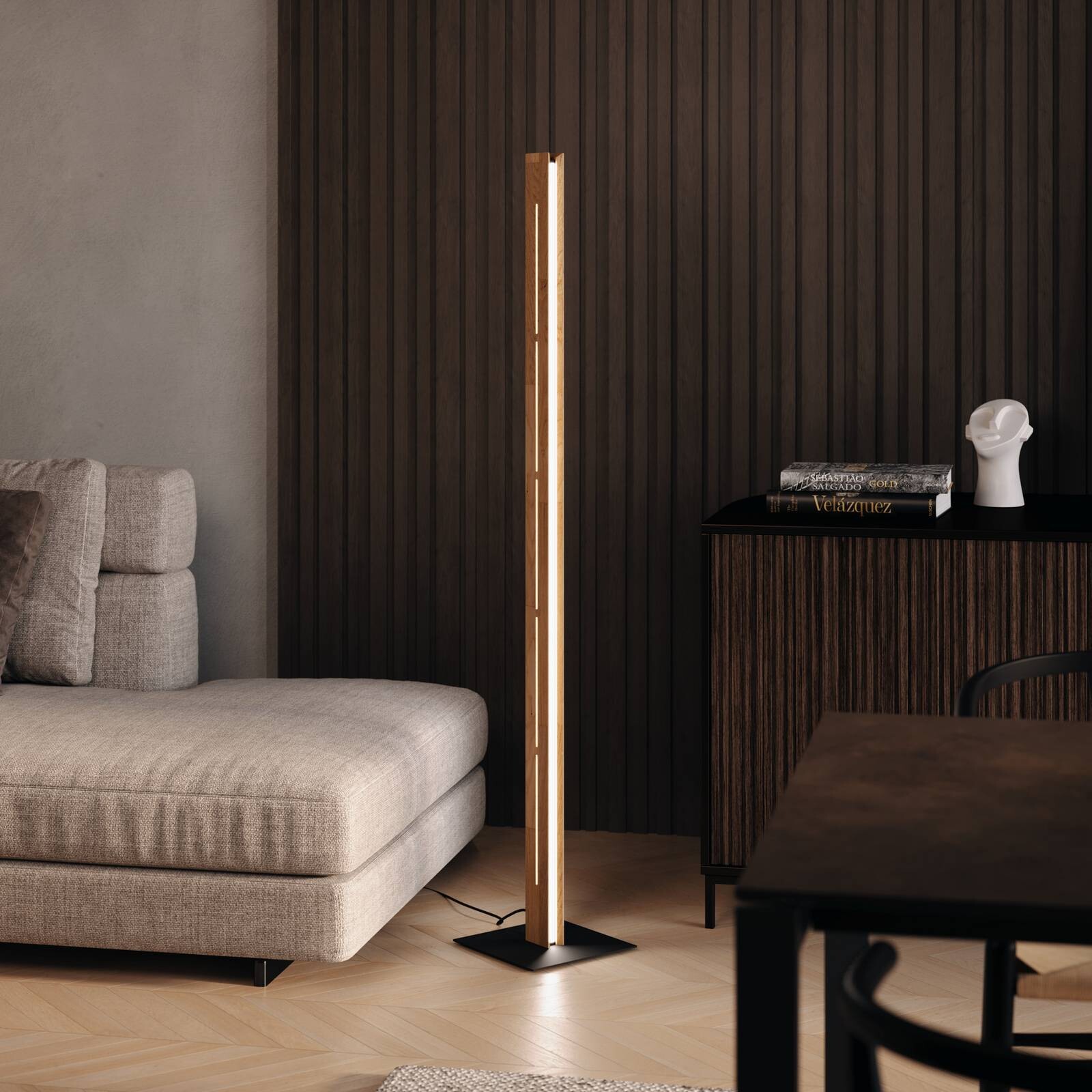 LED stojacia lampa Mexico, dub/čierna, výška 150 cm, drevo/kov