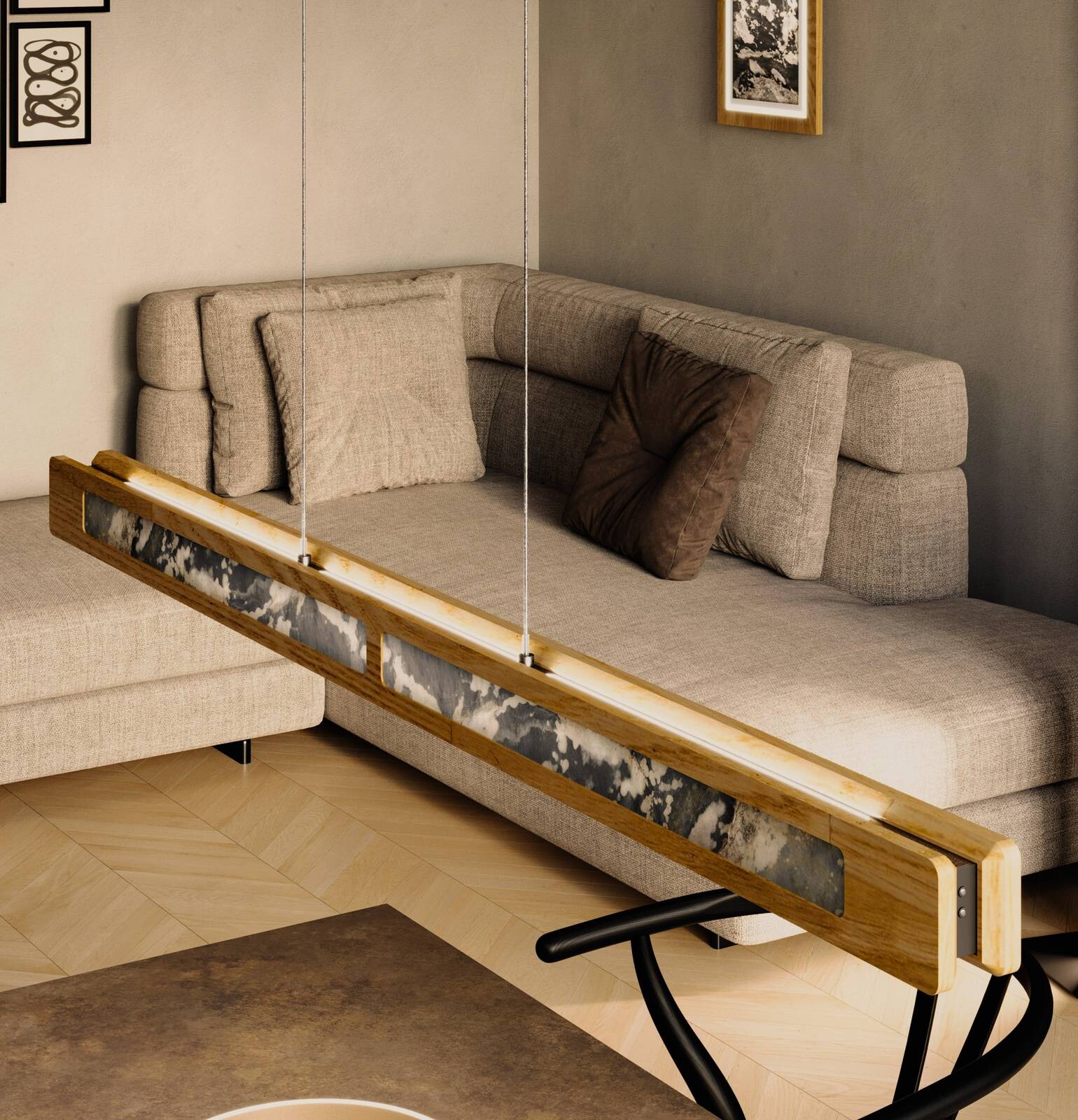 LED závesné svietidlo Chile S, dub/farebná bridlica, dĺžka 114 cm