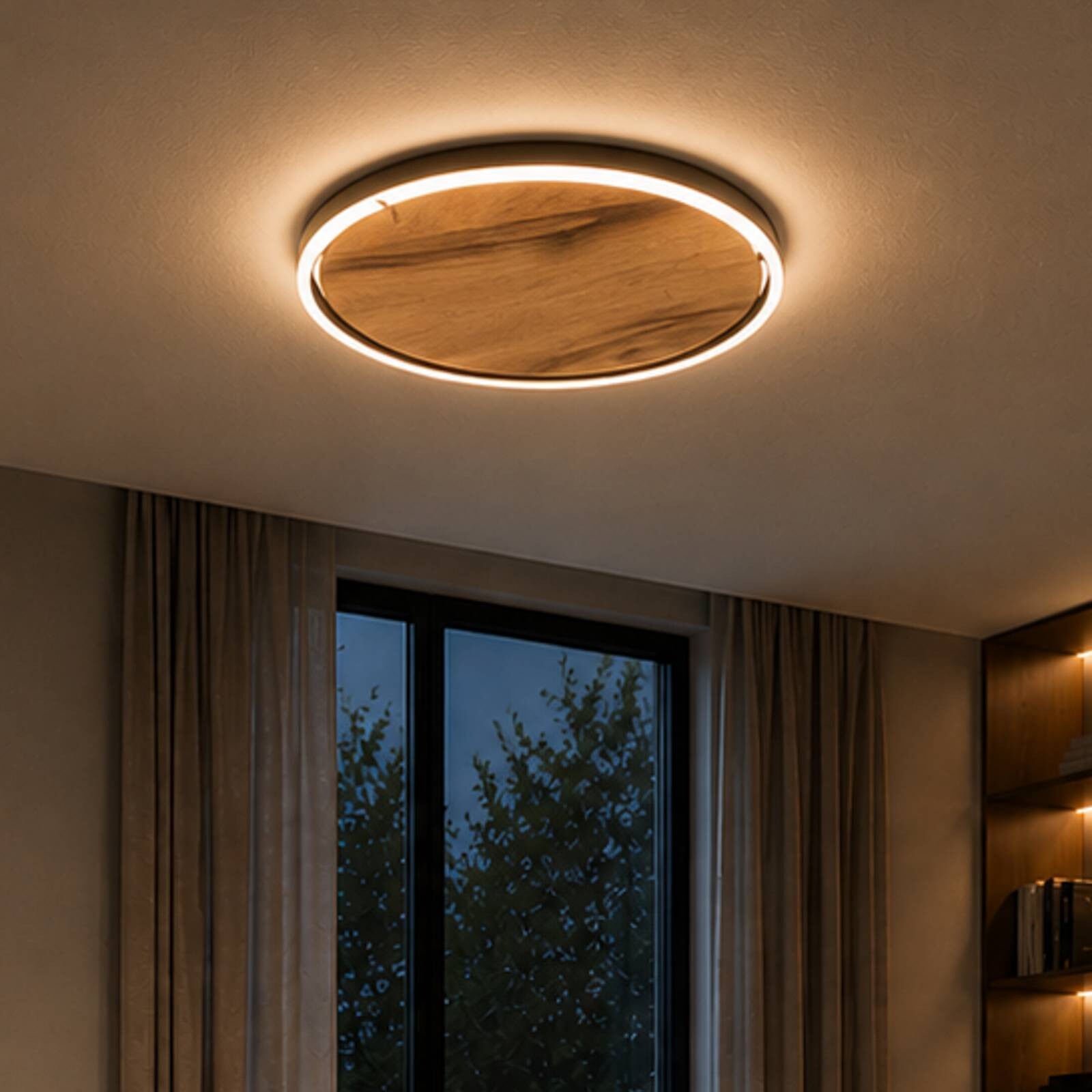 Stropné LED svetlo Havana M, dub s prírodnou kôrou/kov, Ø 57 cm