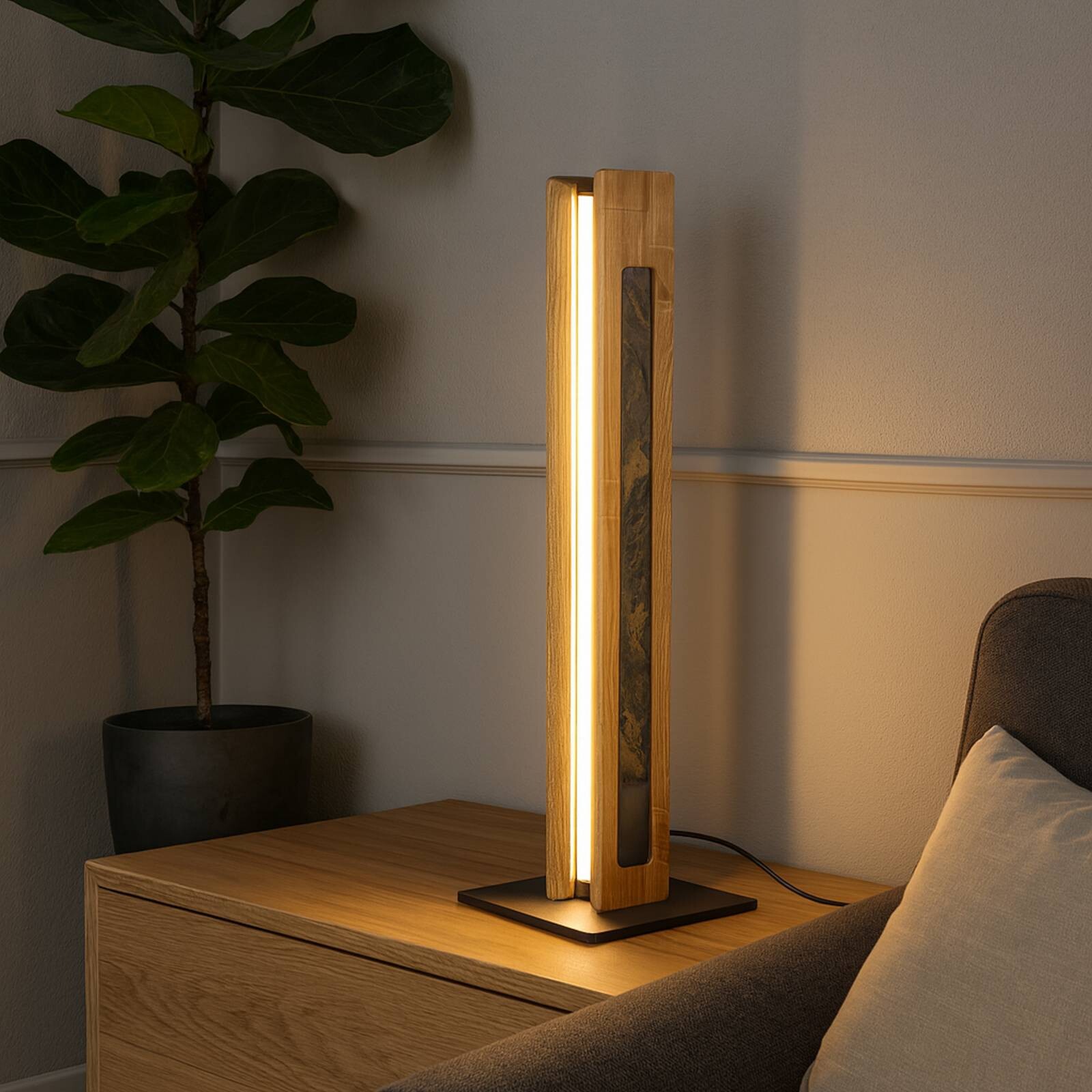 Stolová LED lampa Chile so 4 stranami, dub/farebná bridlica, 54 cm