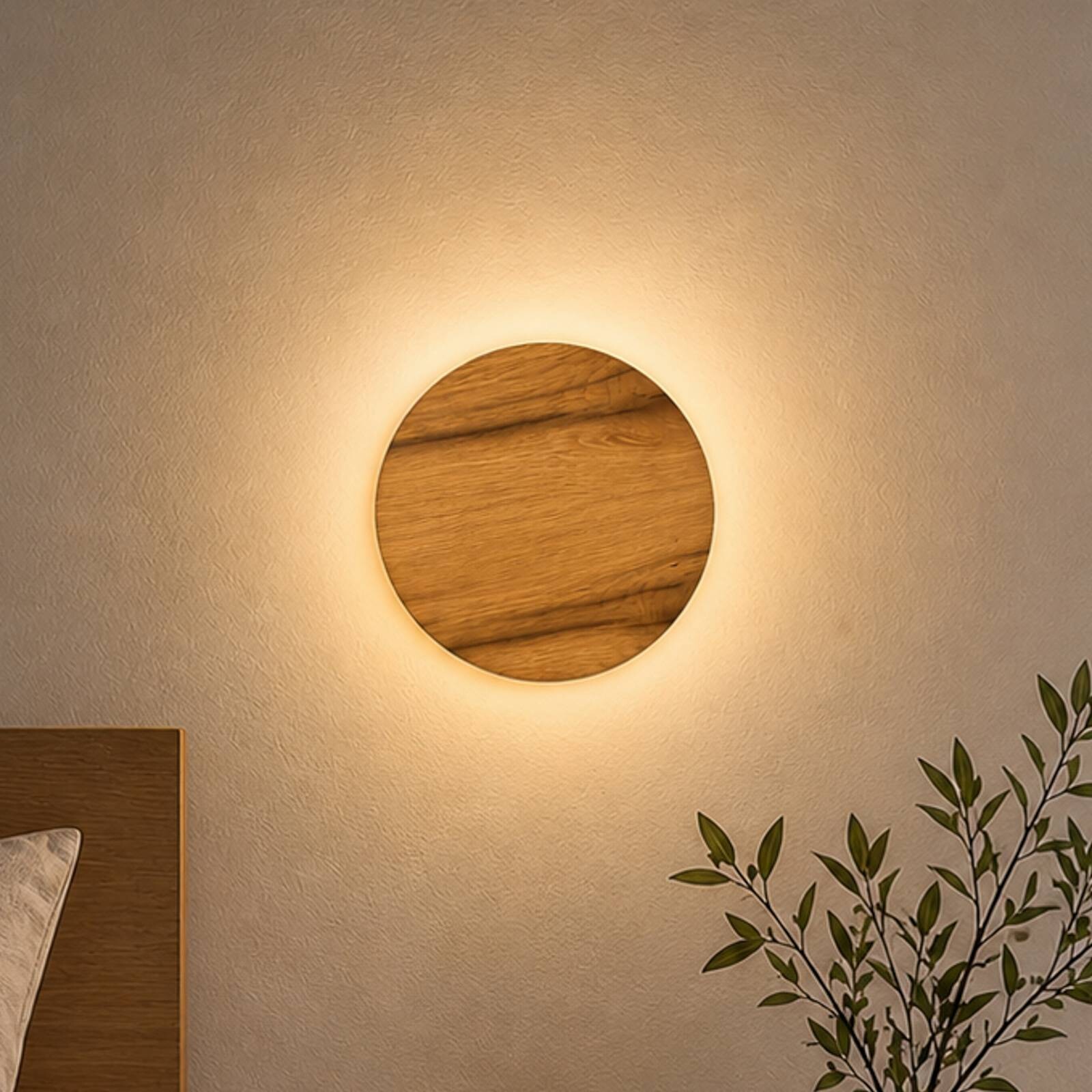 LED nástenné svetlo Havana S, dubové drevo/kov, Ø 19 cm, IP44
