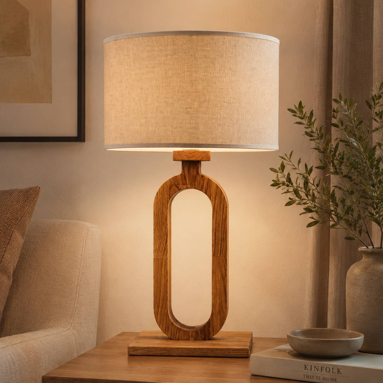 Stolová lampa Patagonia, svetlý dub/prírodná farba, výška 50 cm, drevo/látka