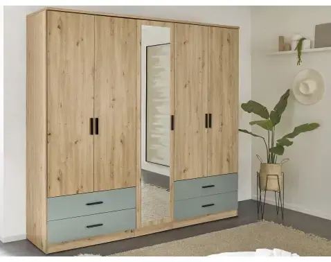 Šatníková skriňa so zrkadlom Savina 225 cm, dub artisan/šalvia%