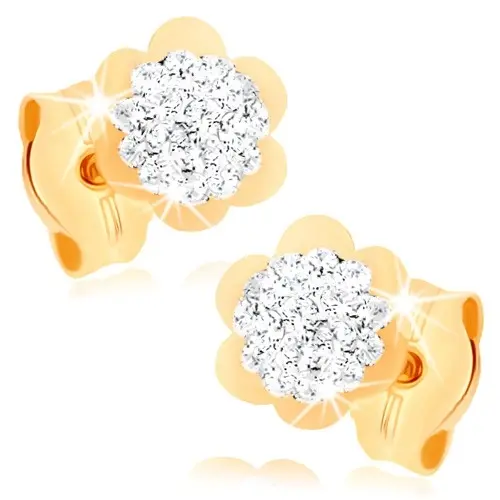Náušnice v žltom 9K zlate - trblietavý kvietok s lesklým lemom, krištále Swarovski