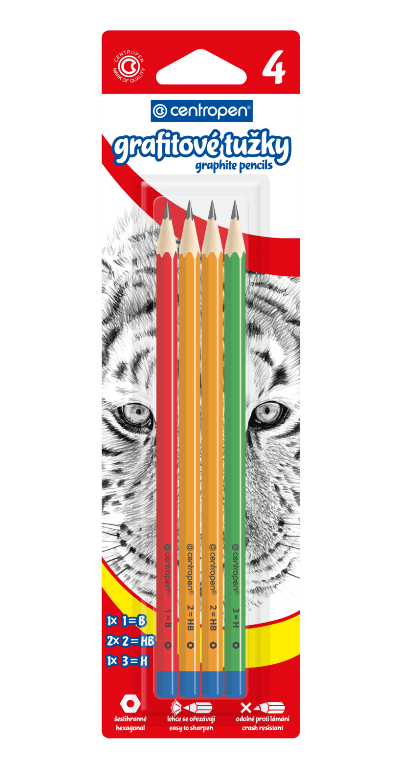 Ceruzky grafitové – šesťhranné, sada 4 ks (1B, 2 × 2HB, H)