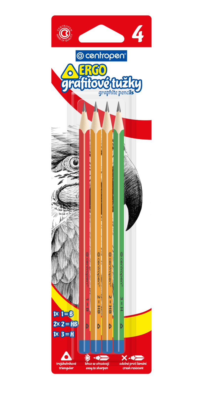 Ceruzky grafitové – trojhranné, sada 4 ks (1B, 2 × 2HB, 3H)