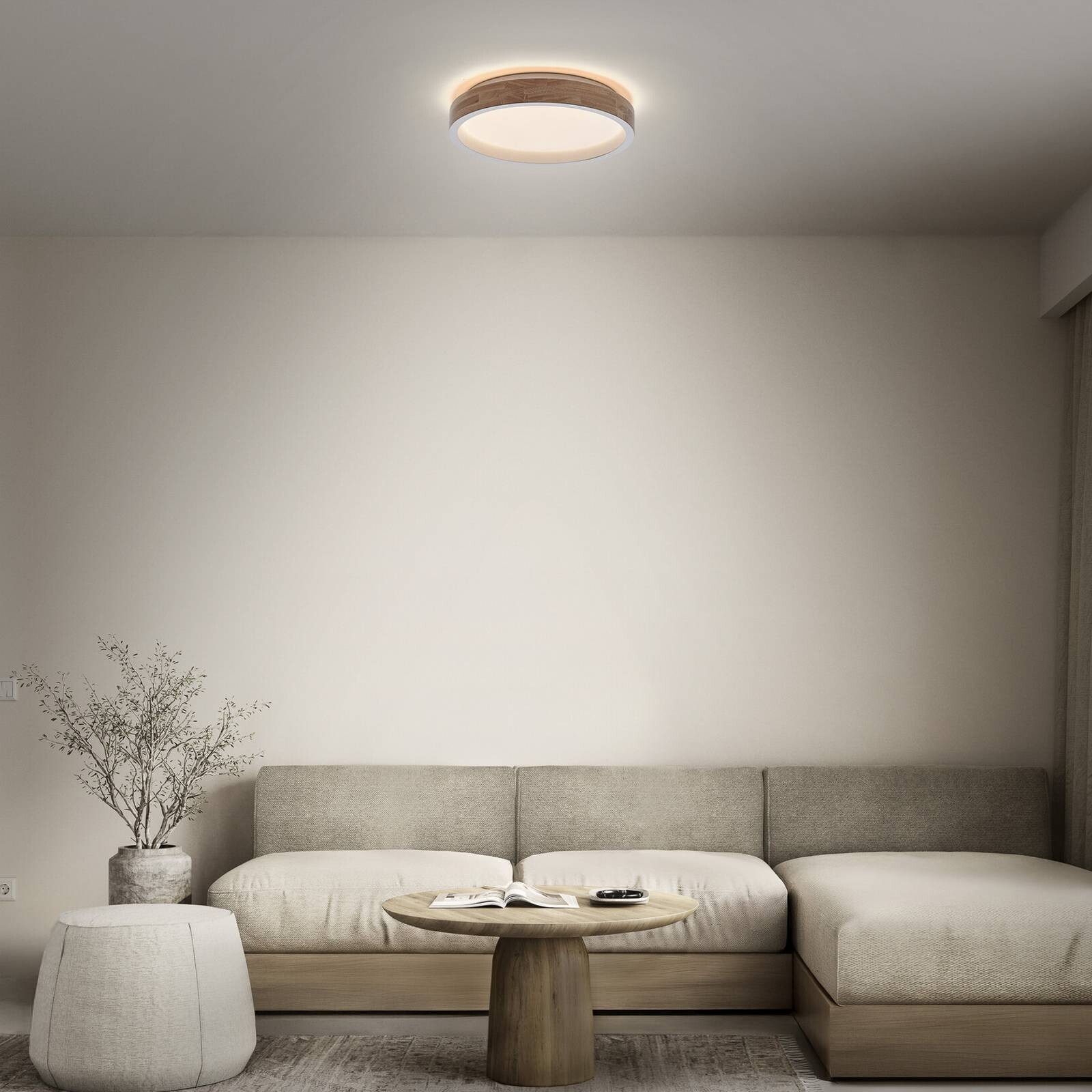 Stropné LED svetlo OSRAM ORBIS MARIANO, drevo/biela, Ø 41 cm, stmievateľné