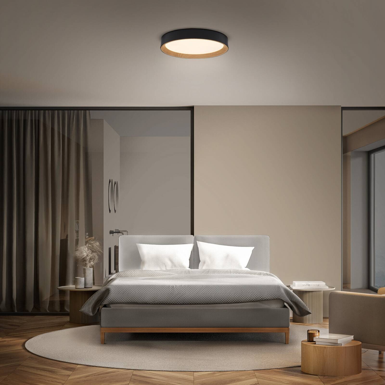 Stropné LED svetlo OSRAM LED ORBIS LARIOS, čierne/drevené, Ø 39 cm, stmievateľné