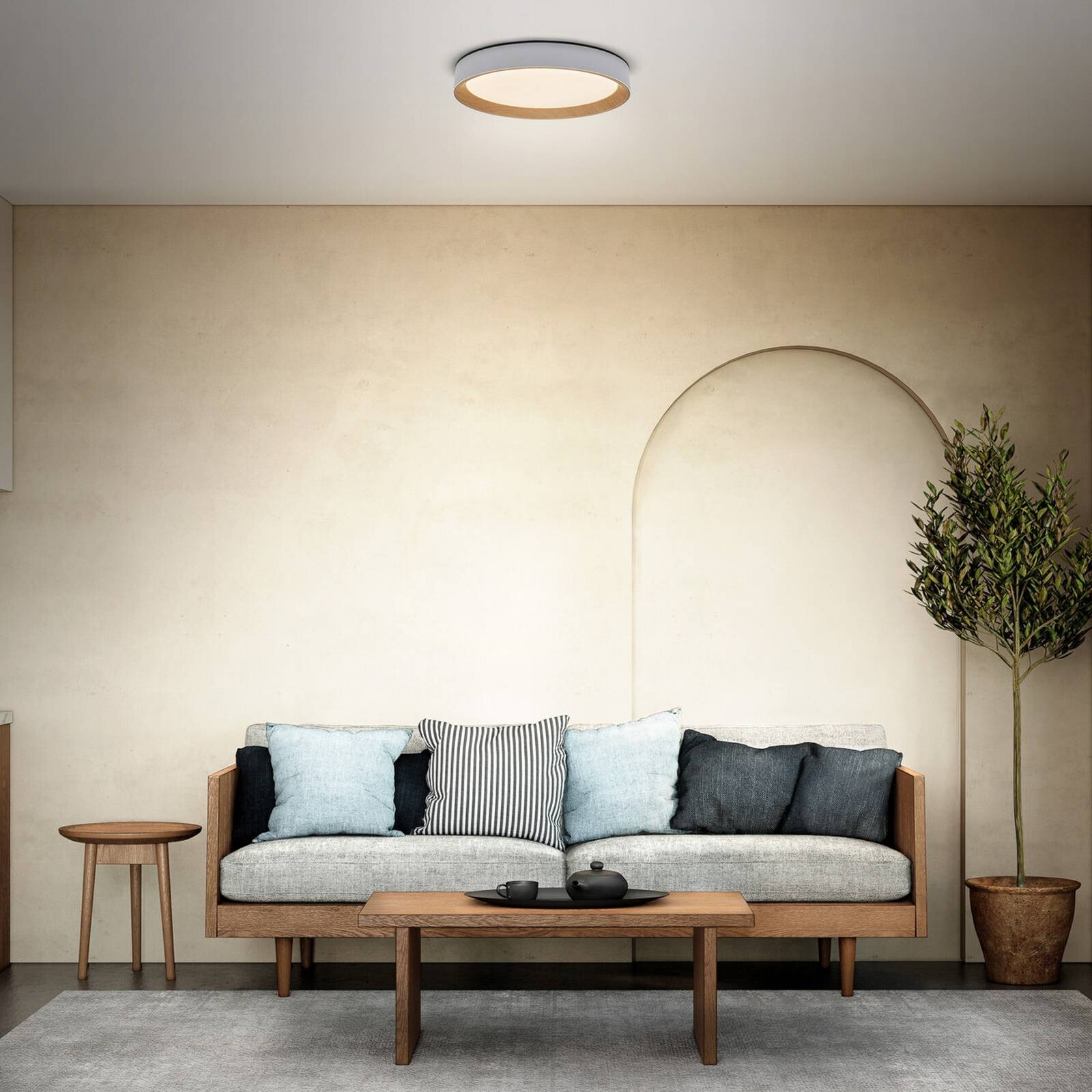 Stropné LED svetlo OSRAM ORBIS LARIOS, biele/drevené, Ø 49 cm, stmievateľné