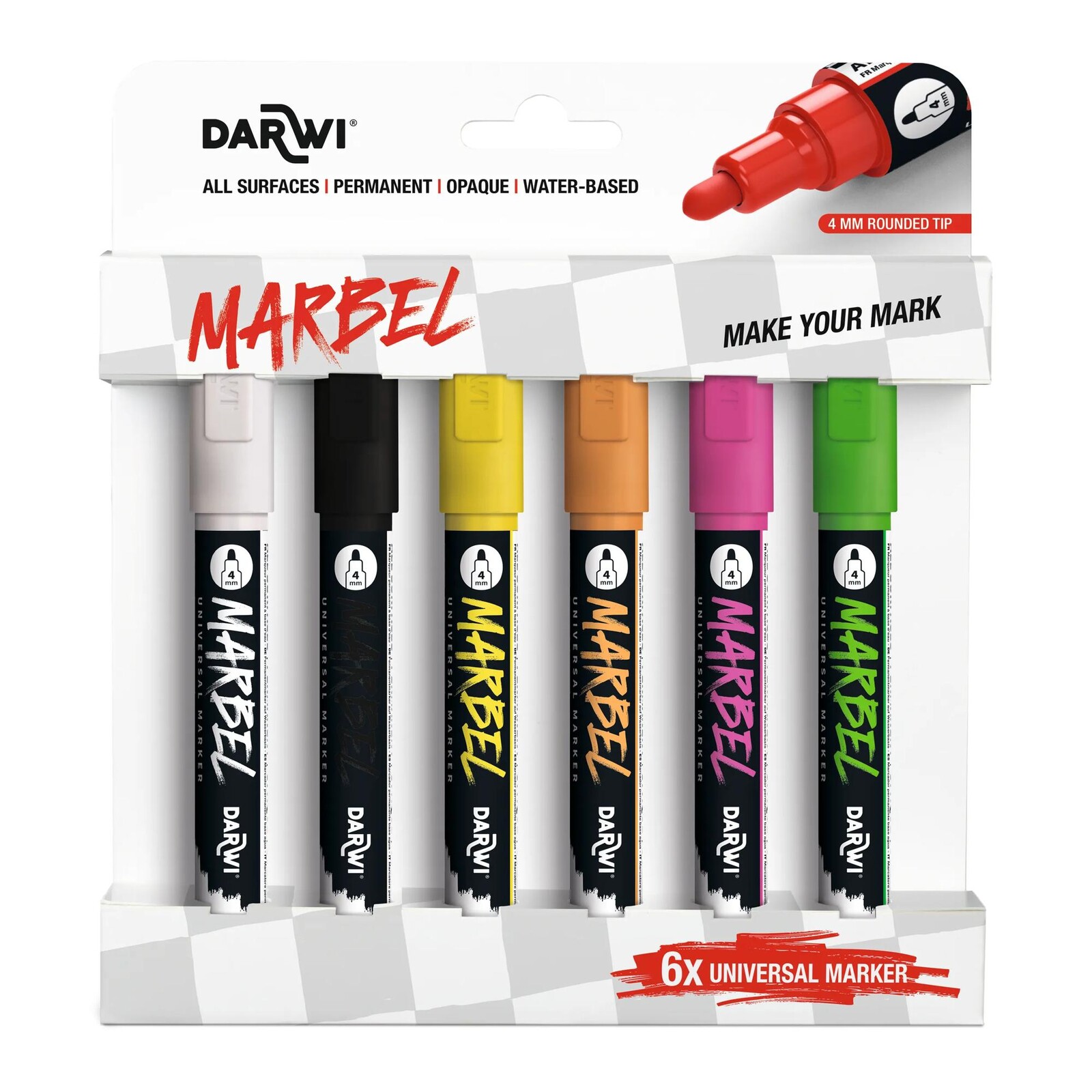 DARWI MARBEL - Sada akrylových fixiek 4 mm hrot, 6 ks (sada FLUO)
