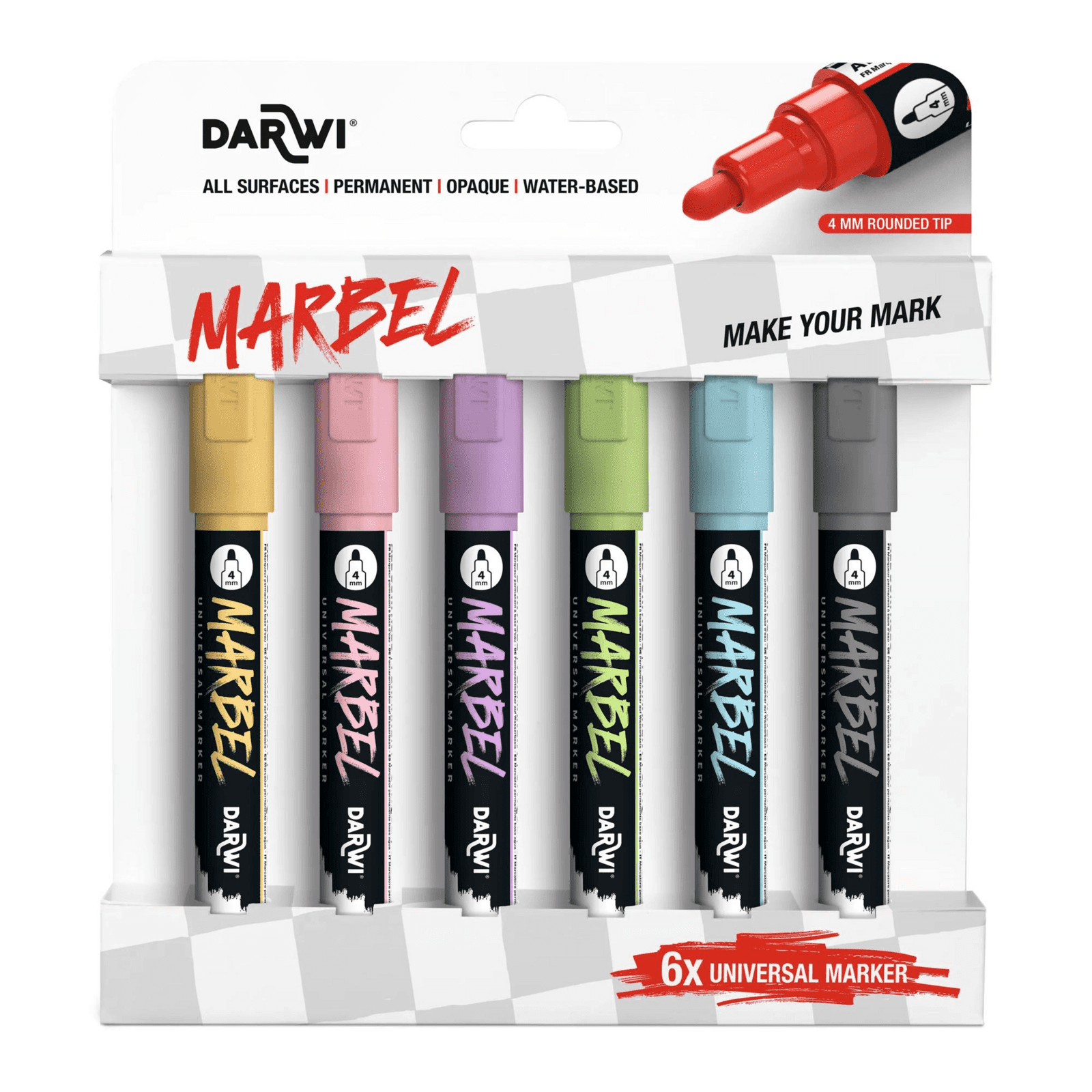 DARWI MARBEL - Sada akrylových fixiek 4 mm hrot, 6 ks (sada PASTEL)
