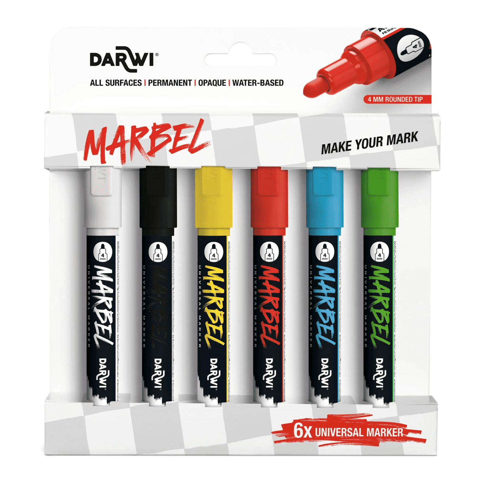 DARWI MARBEL - Sada akrylových fixiek 4 mm hrot, 6 ks (sada PRIMARY)