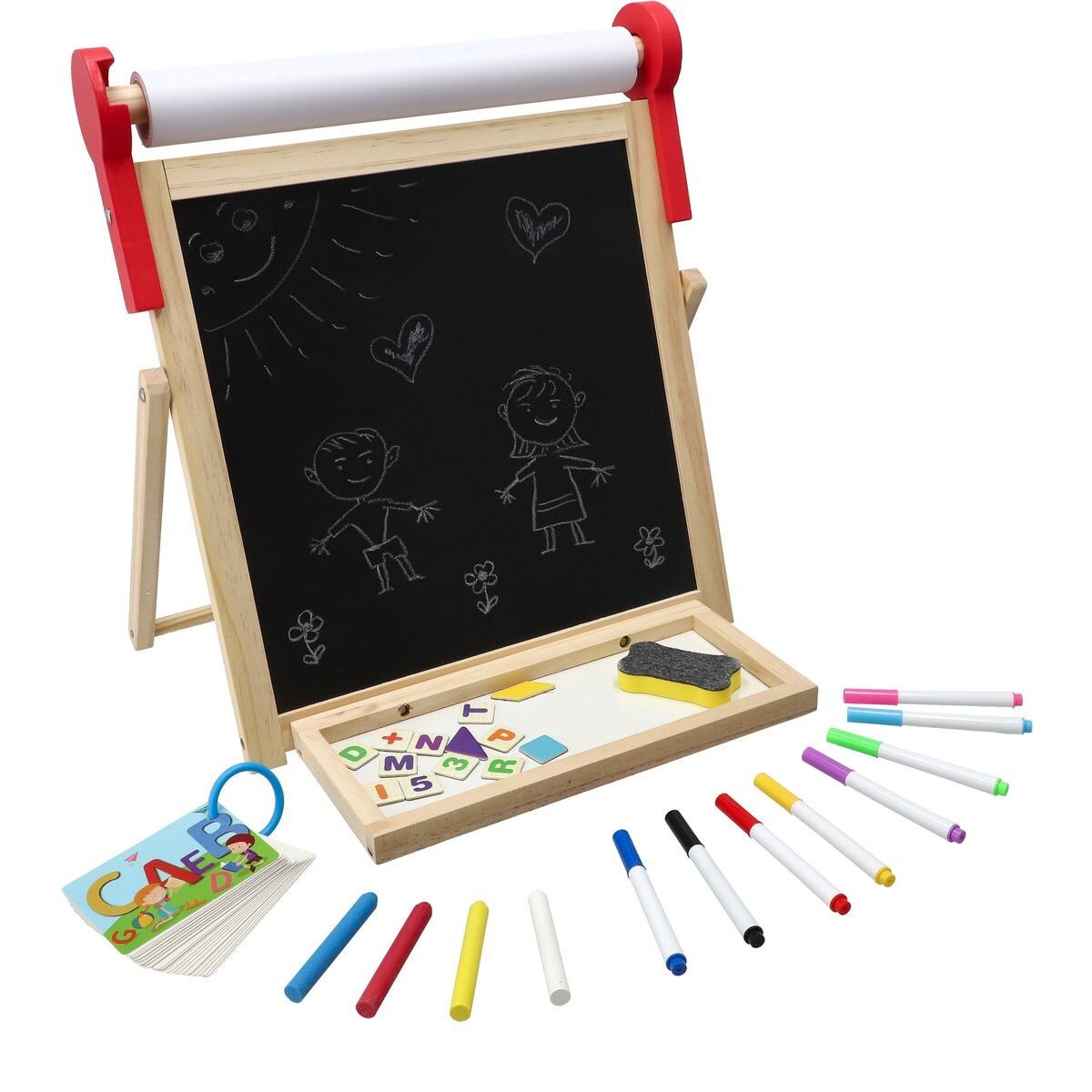 Teddies Obojstranná magnetická tabuľa drevo čierna-biela 33x33cm s rolou papiera s doplnkami v krabici 37x43cm