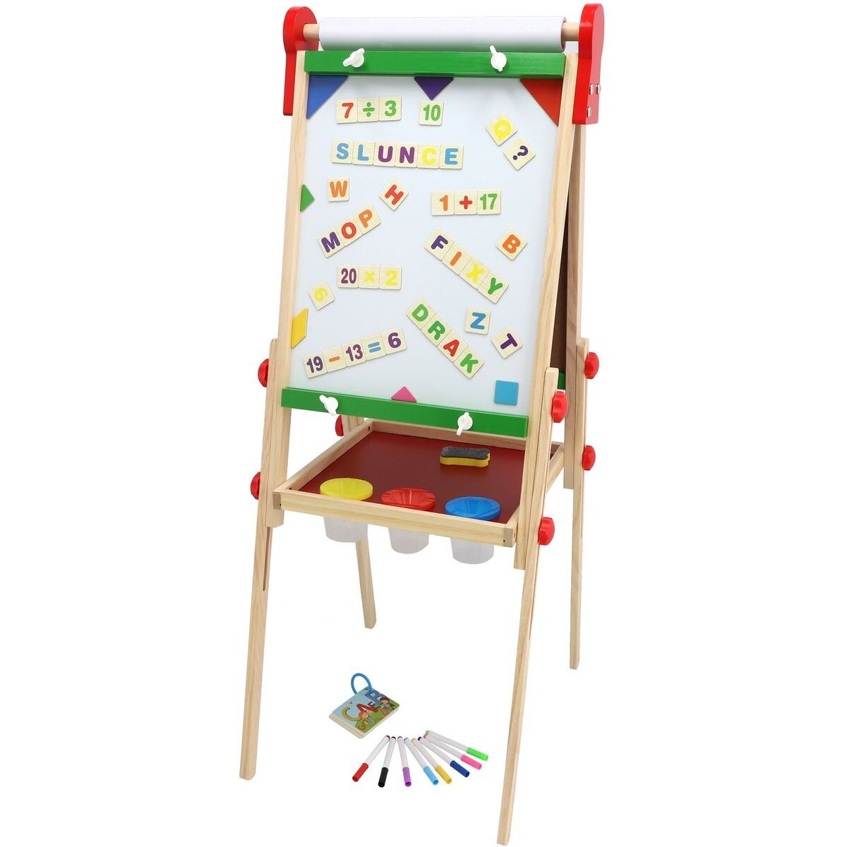 Teddies Obojstranná magnetická tabuľa drevo čierna-biela 35x43cm s rolou papiera s doplnkami v krabici 40x61cm