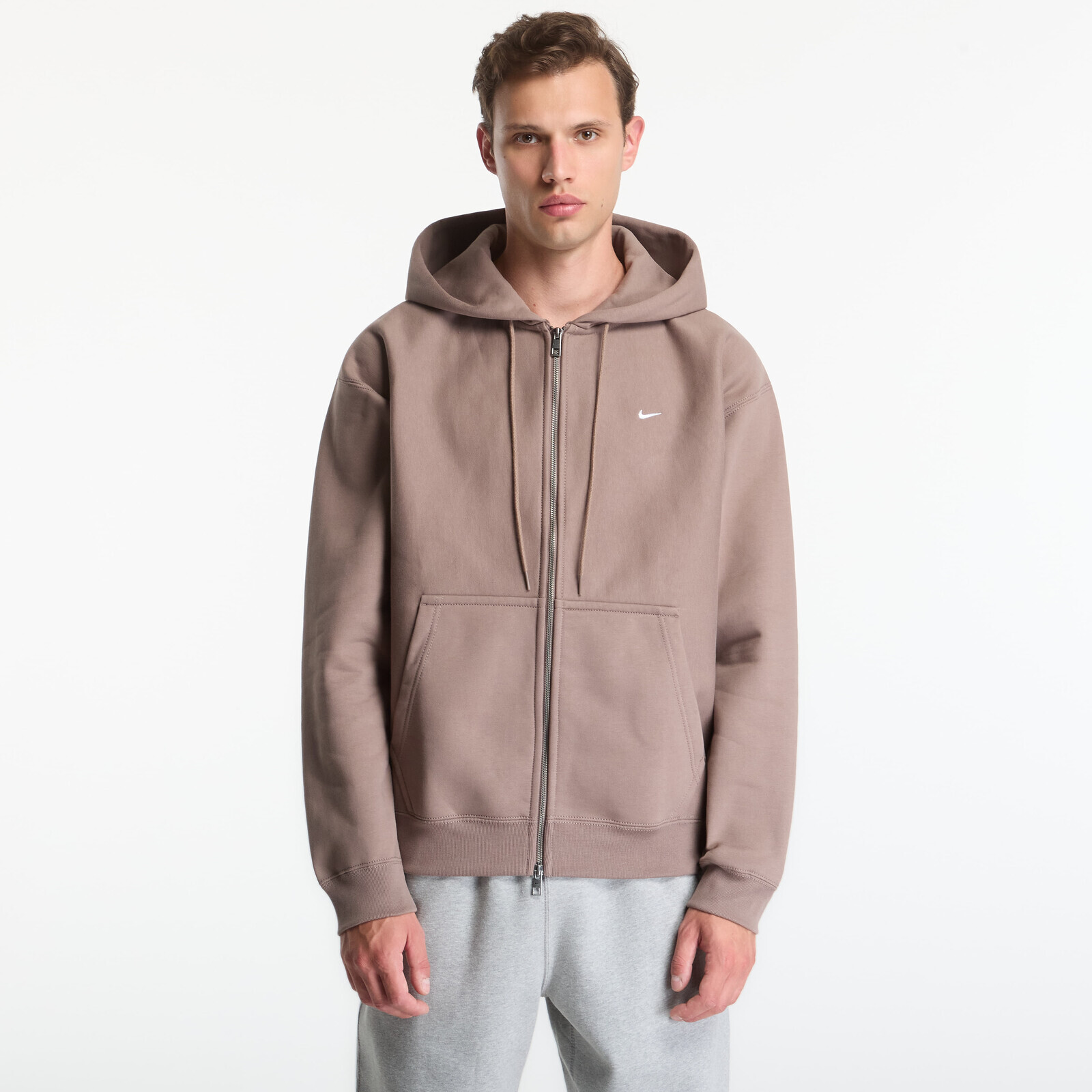 Mikina Nike Solo Swoosh Men's Full-Zip Fleece Hoodie Mink Brown/ Mink Brown/ White XS