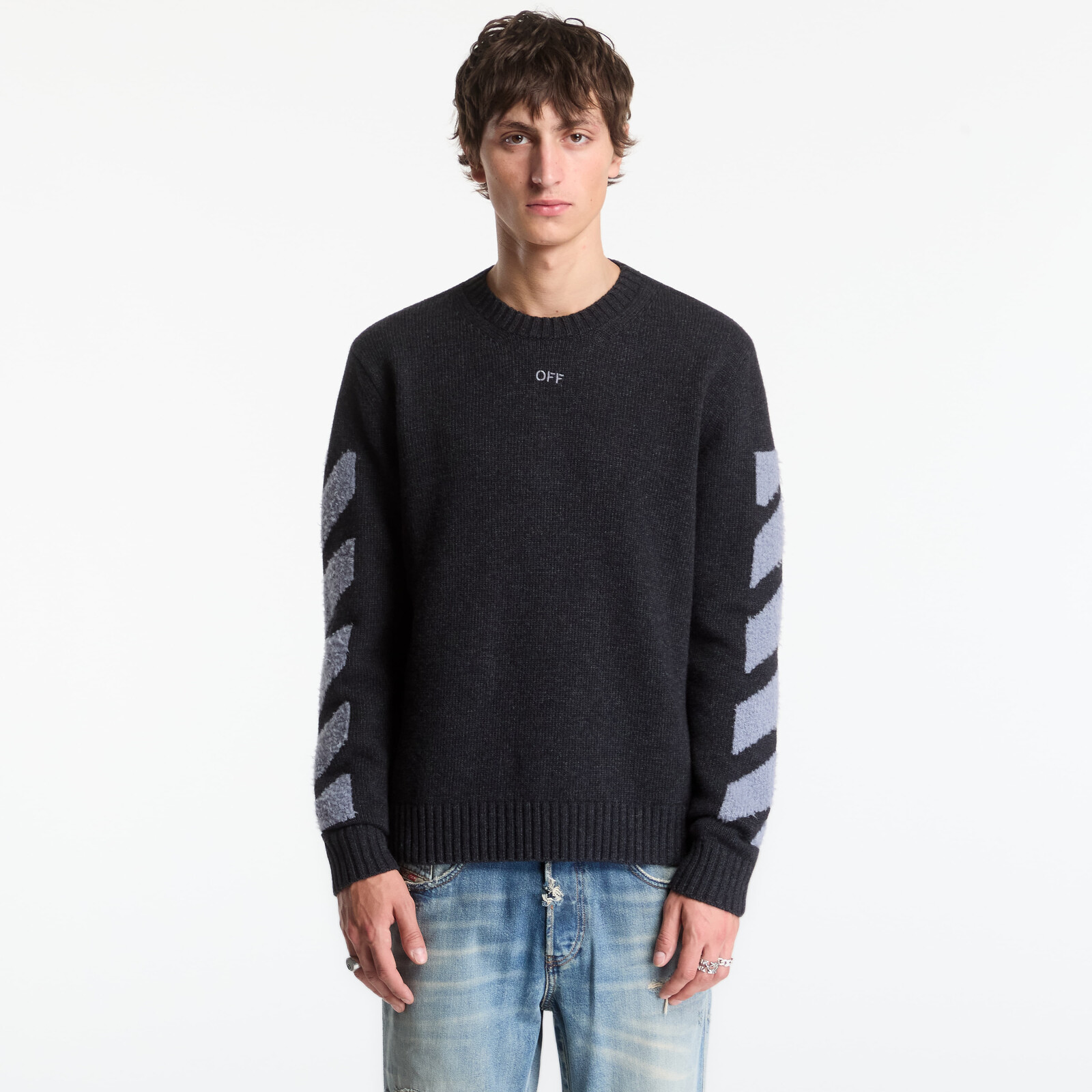 Sveter Off-White Diag Fuzzy Knit Crewneck UNISEX Antracite XL
