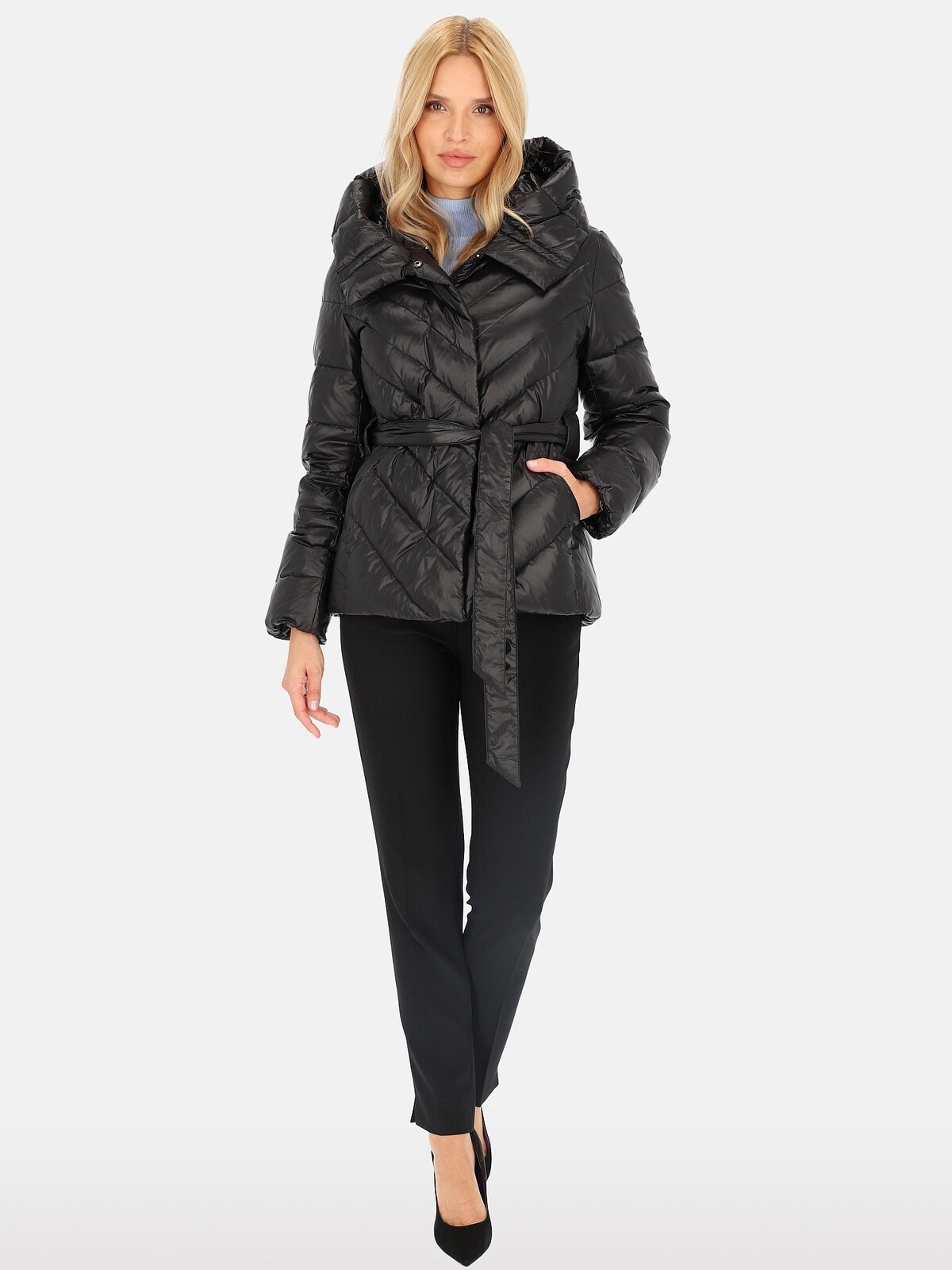 PERSO Woman's Women's short tied real down jacket with a hood , black color