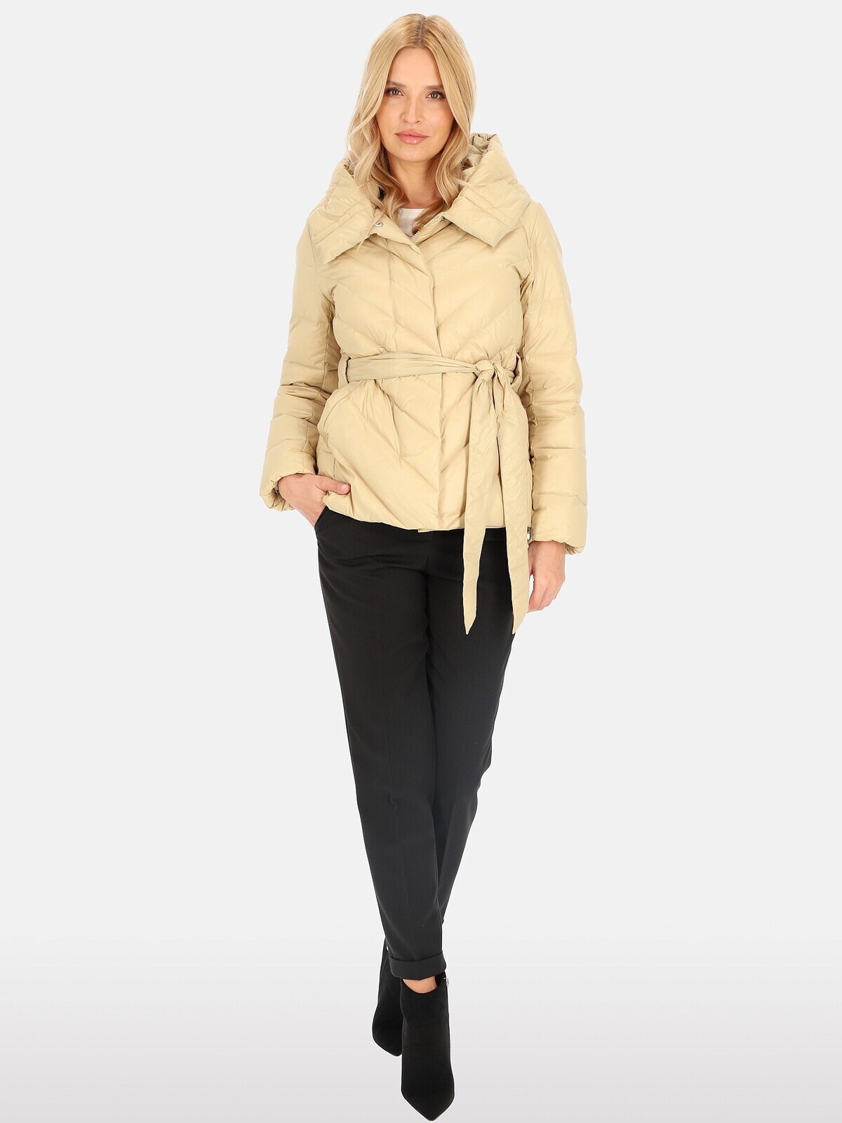 PERSO Woman's Women's short tied real down jacket with a hood , beige color
