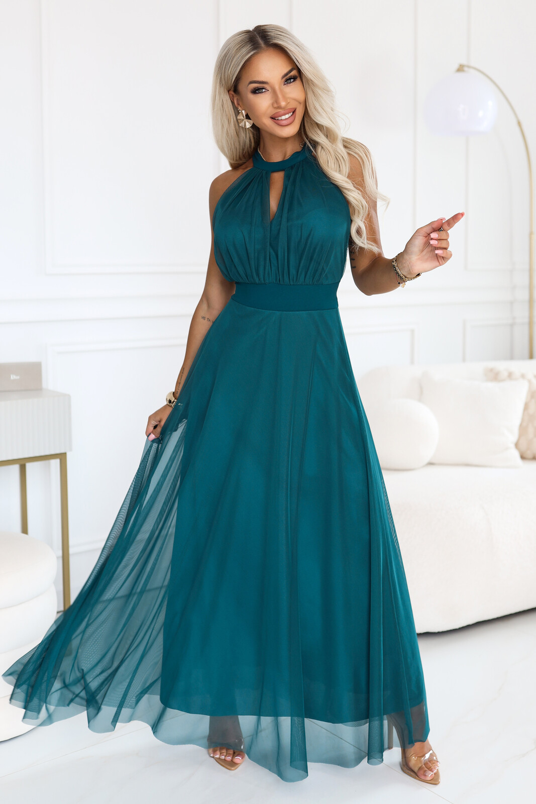 Elegantné maxi šaty s viazaním v páse, zelené
