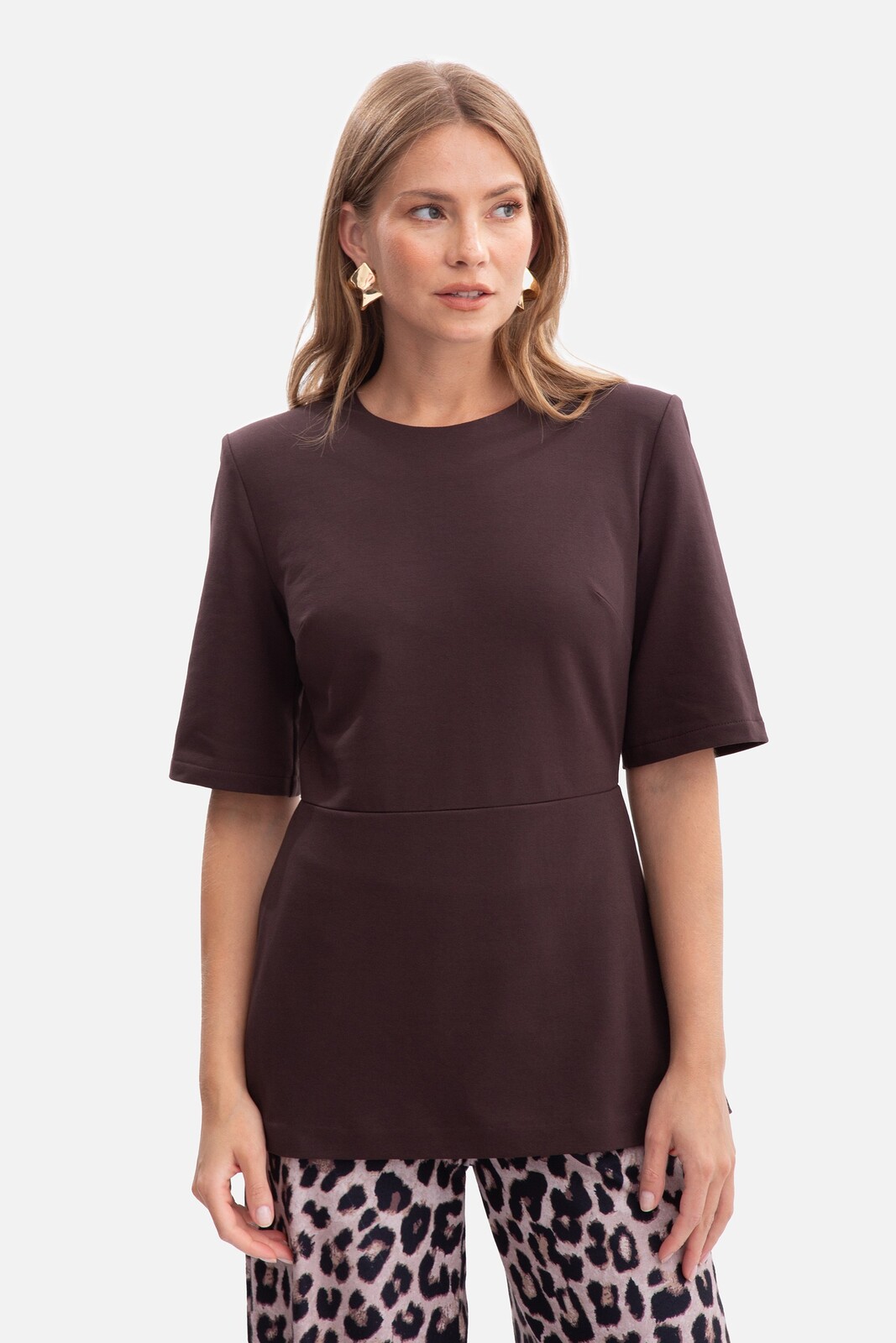 Dámsky pletený peplum top - tmavá čokoláda