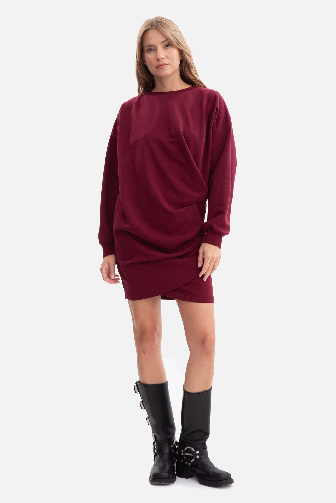BeWear Woman's Knit dress with side pleats - burgundy