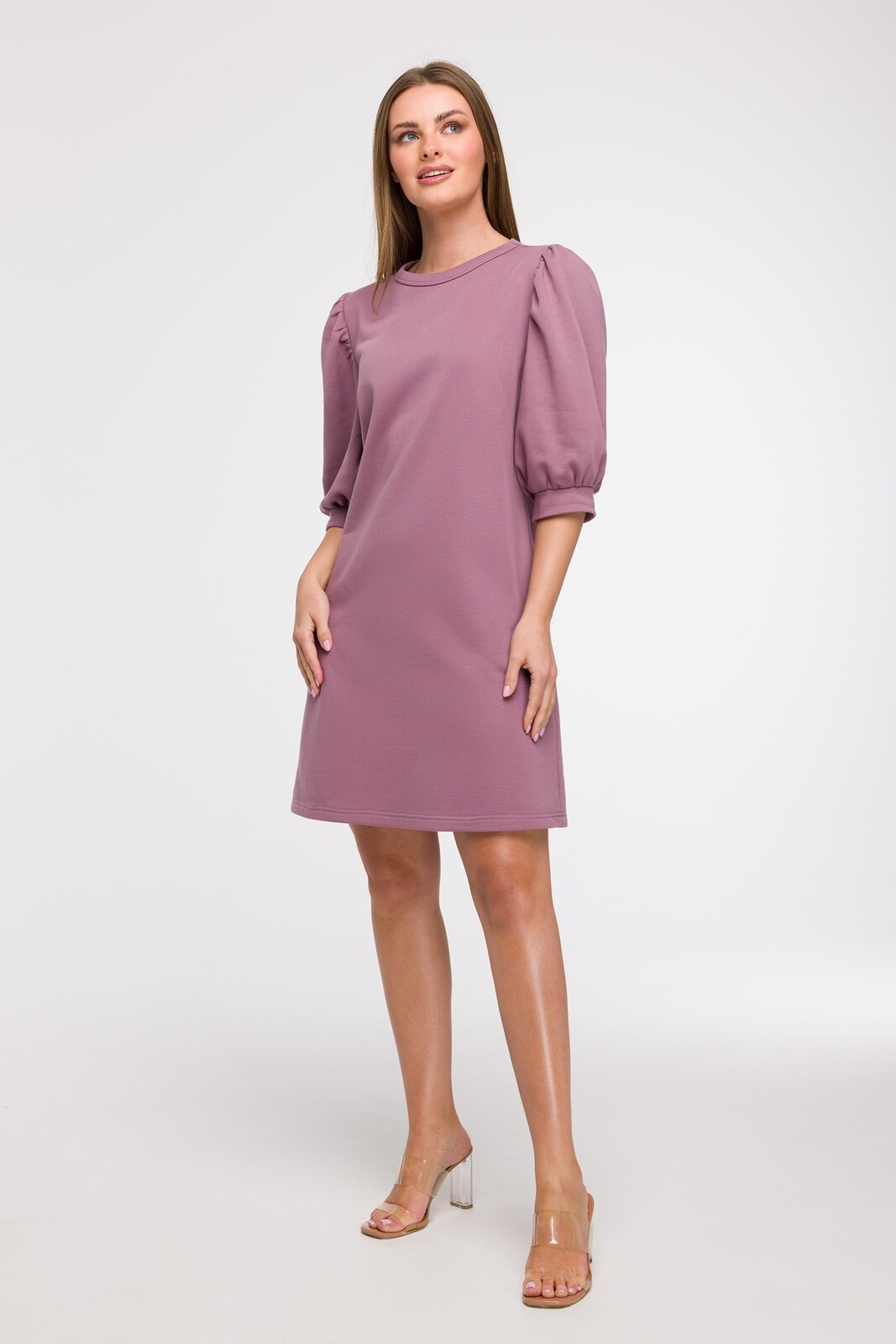 BeWear Woman's A-line dress with puff sleeves - heather