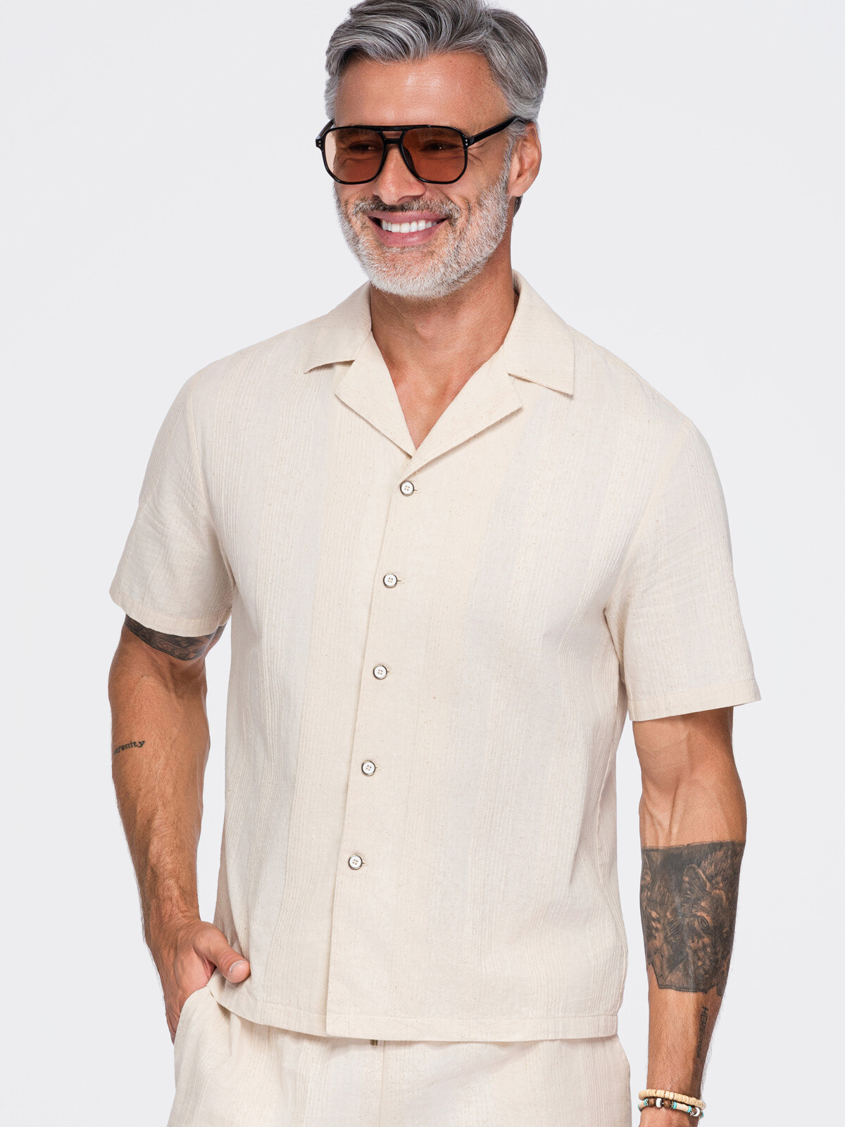 Ombre Men’s cotton shirt with a Cuban collar – cream