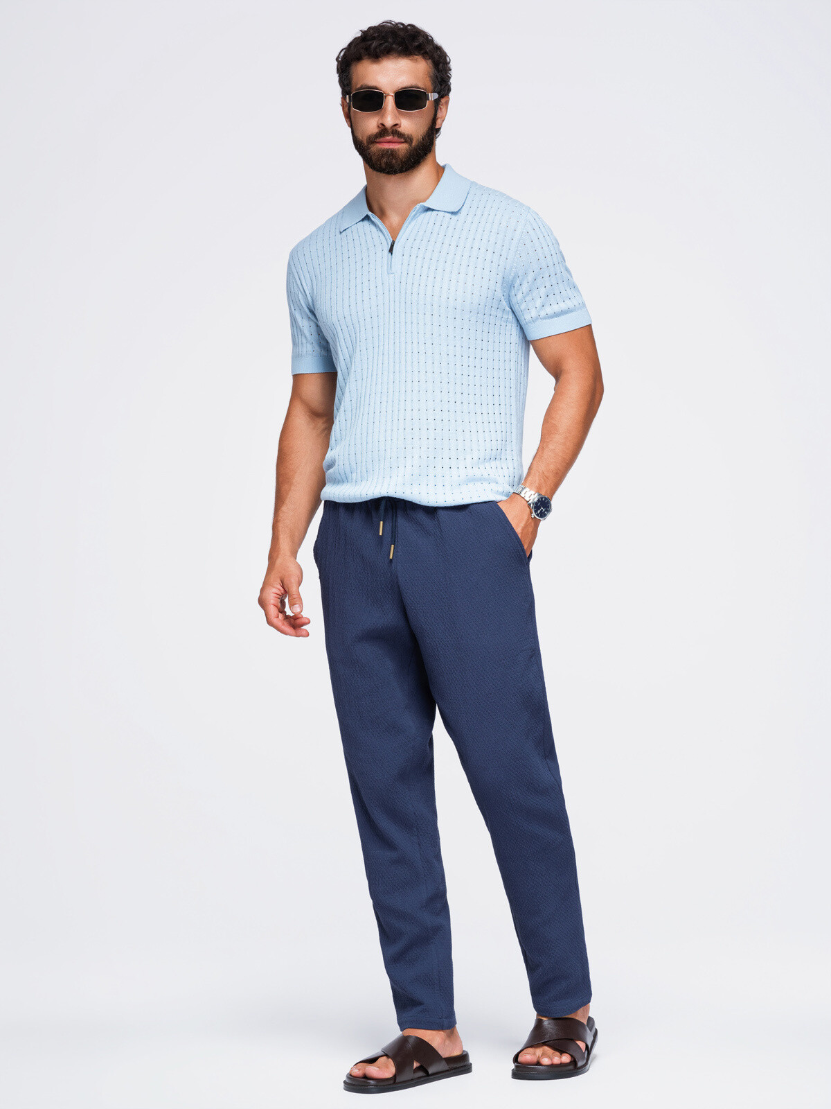 Ombre Men’s cotton textured REGULAR FIT trousers – navy blue