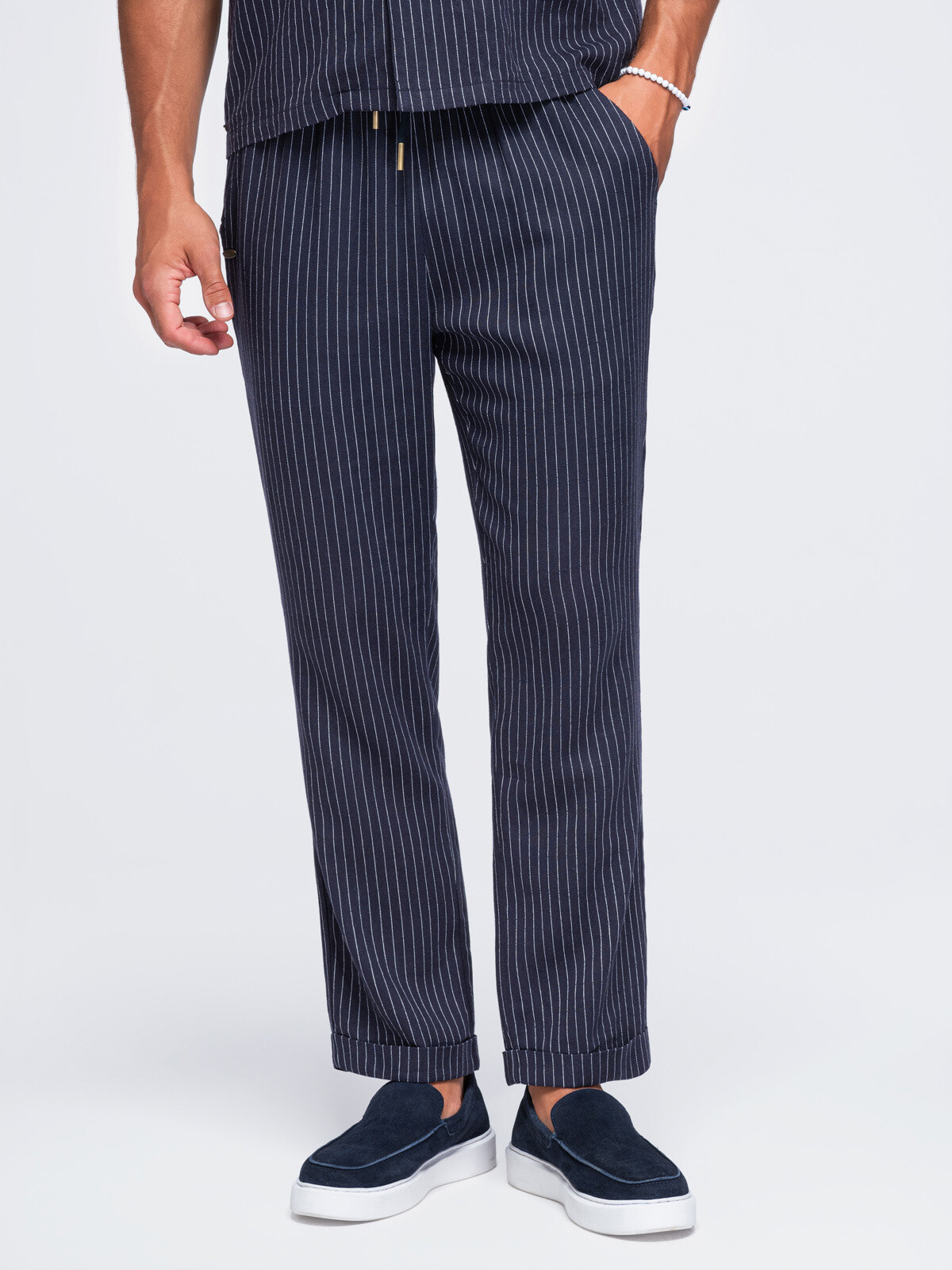 Ombre Men’s viscose and linen ribbed trousers – navy blue