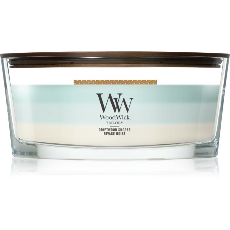 Woodwick Trilogy Driftwood Shores vonná sviečka s dreveným knotom 453.6 g