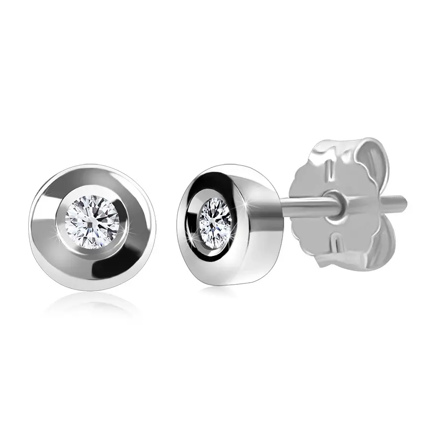 Briliantové náušnice z bieleho 585 zlata - okrúhla objímka, číry diamant, puzetky