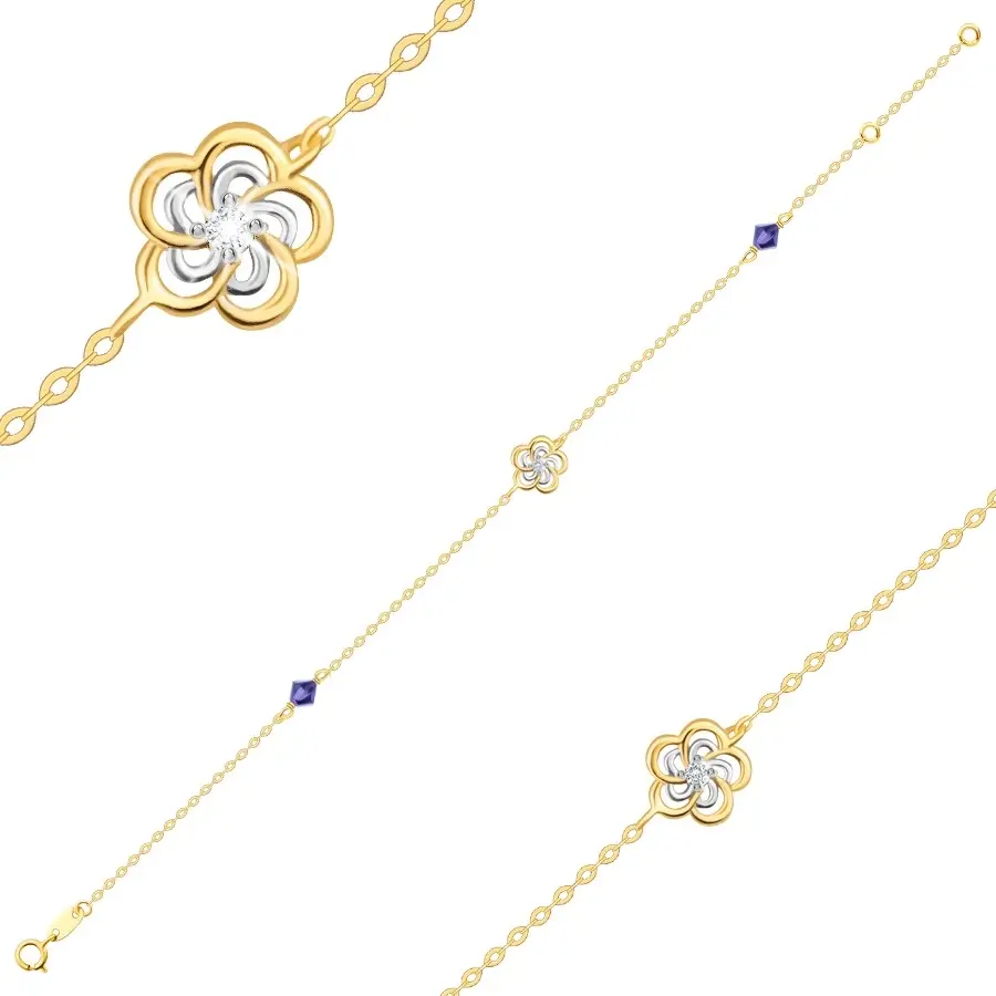 Náramok z kombinovaného zlata 585 - dvojfarebný kvietok, fialové krištále Swarovski