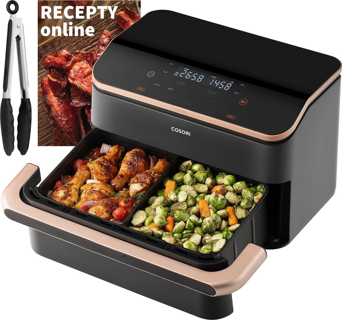 Cosori Dual Blaze TwinFry Smart 10L modulární koš + kleště, čierná