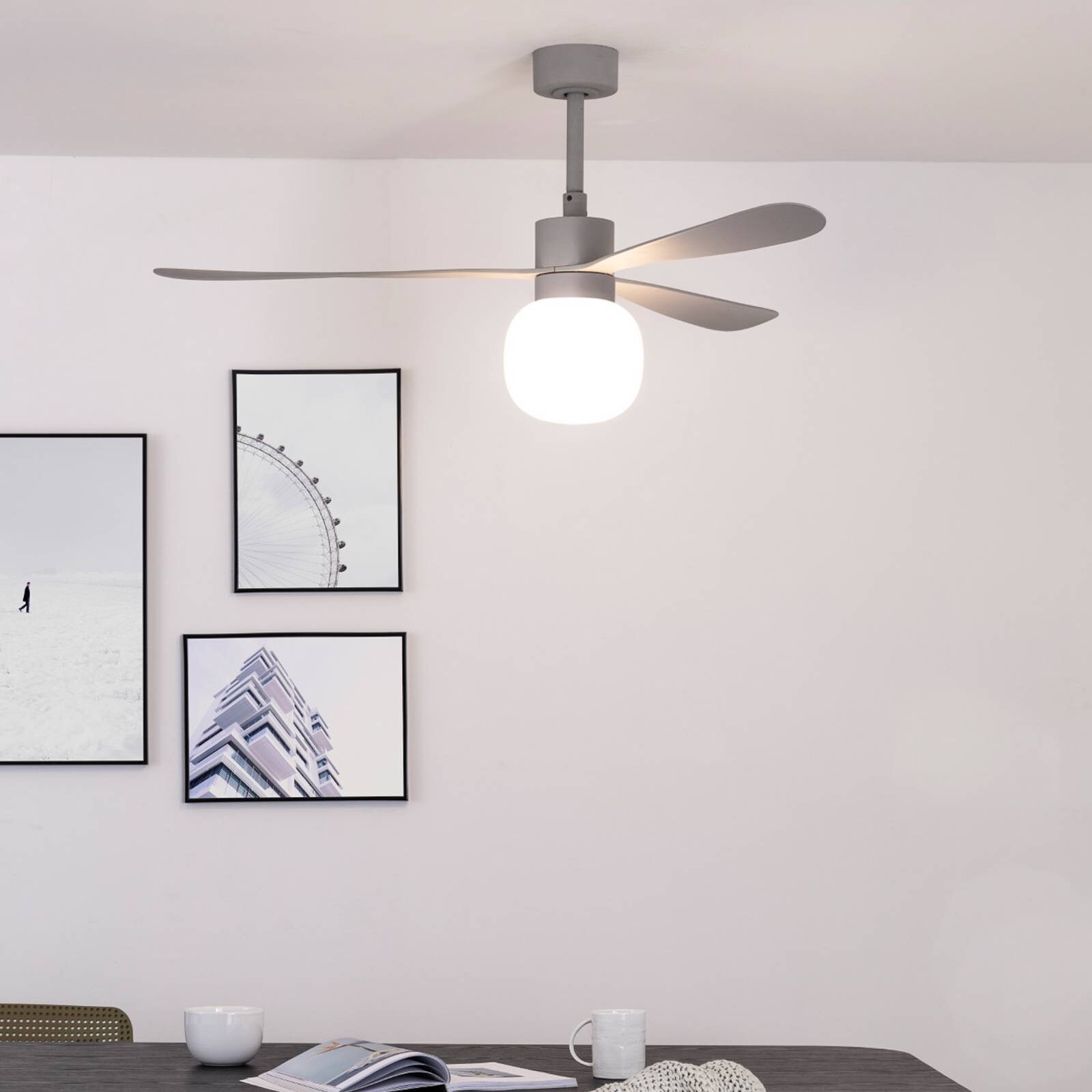 LED stropný ventilátor Amelia Ball L, sivý, DC, tichý, 132 cm