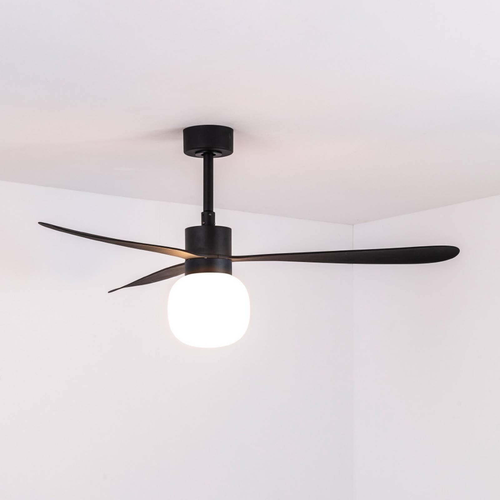LED stropný ventilátor Amelia Ball L, čierny, DC, tichý
