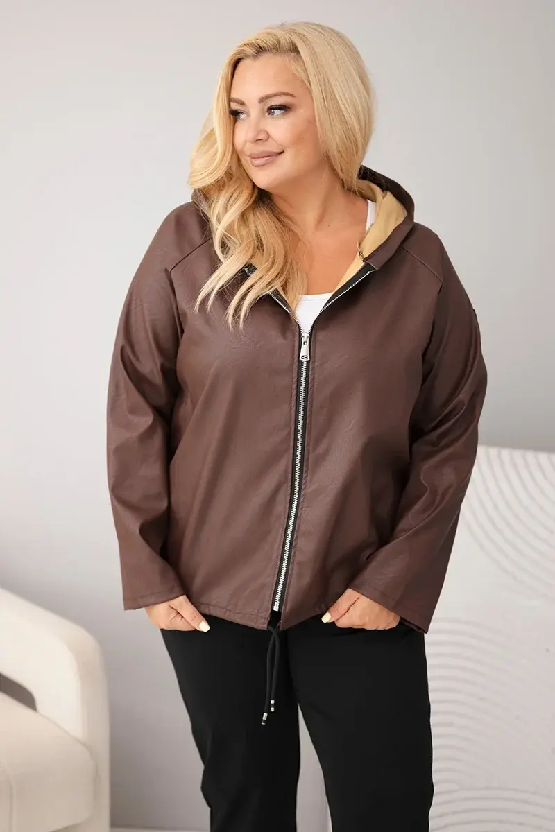 Kesi Włoski Plus Size dámska bunda s kapucňou hnedá
