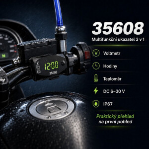 Digitálny ukazovateľ 3v1 – teplomer, hodiny a voltmeter / 6 – 30 V / IP67