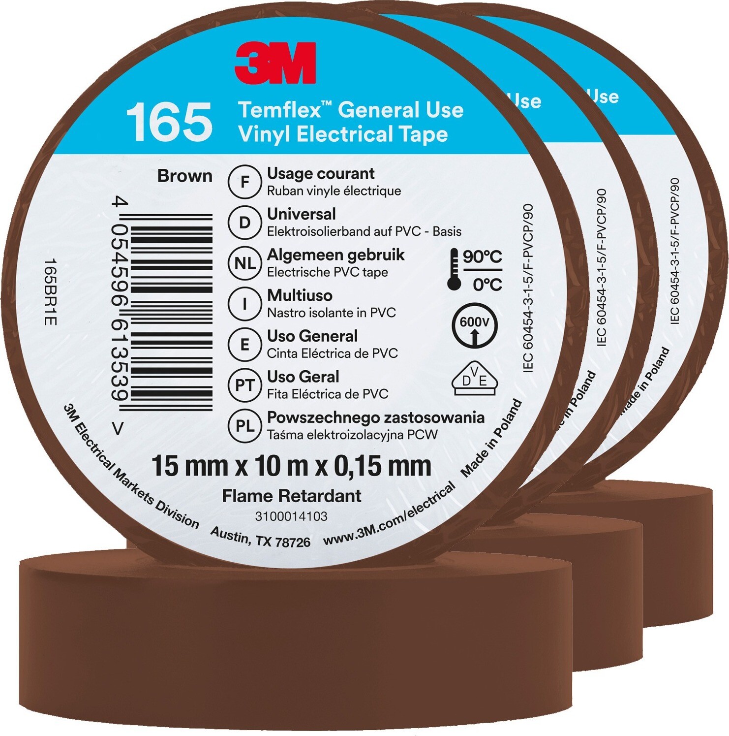 3M Izolačná páska Temflex 165, rozmer 15 mm × 10 m × 0,15 mm, farba hnedá, 3 ks