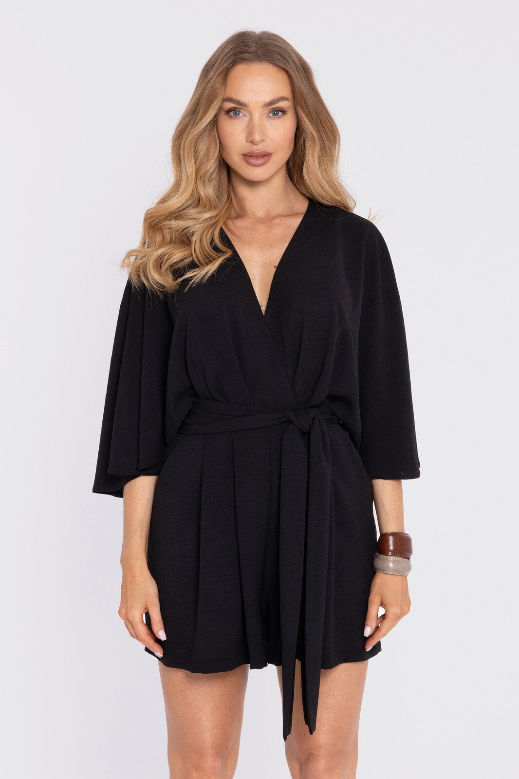 Made Of Emotion Woman's Wrap playsuit with pockets and waist tie - black