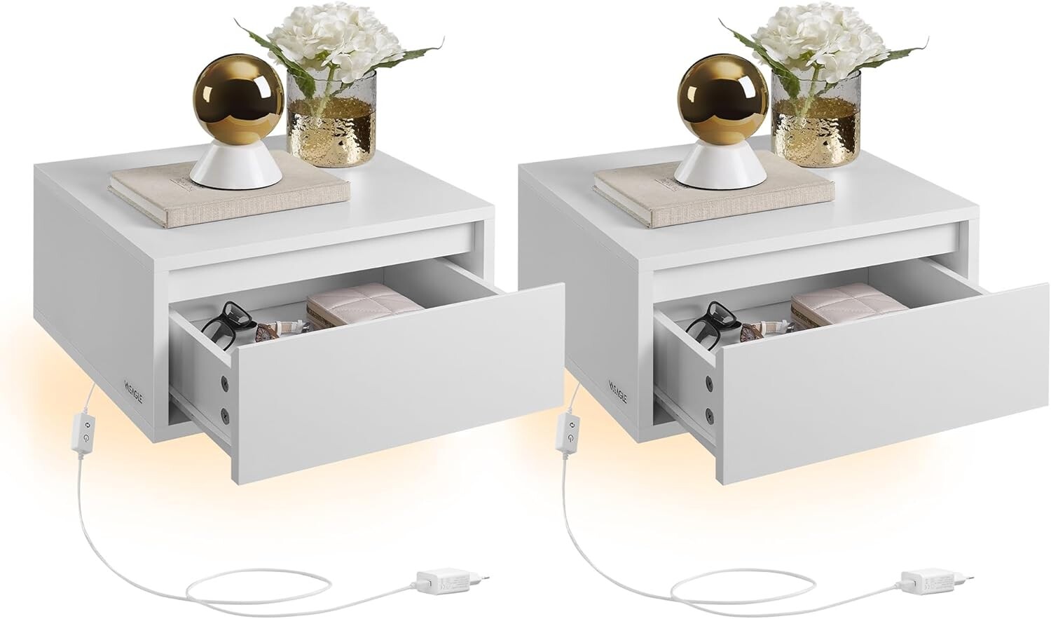 Sada 2 ks závesných nočných stolíkov Vasagle Drawer s LED osvetlením biela