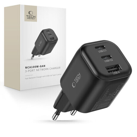 Tech-Protect NCA100W GaN sieťová nabíjačka USB / 2x USB-C PD 3.2 100W / QC3.0, čierna
