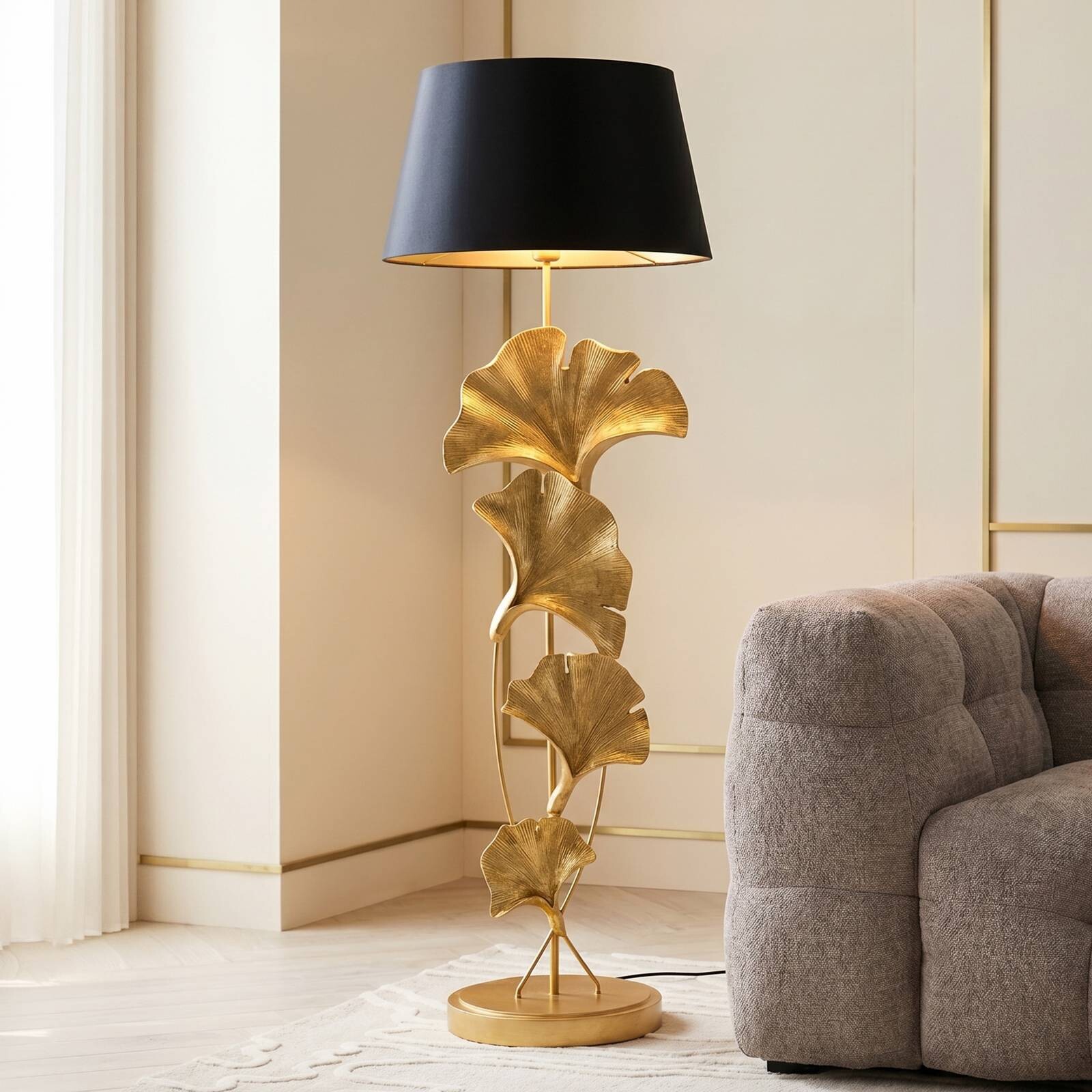 Stojacia lampa Kare Ginkgo, zlatá, ľan, výška 129 cm, E27