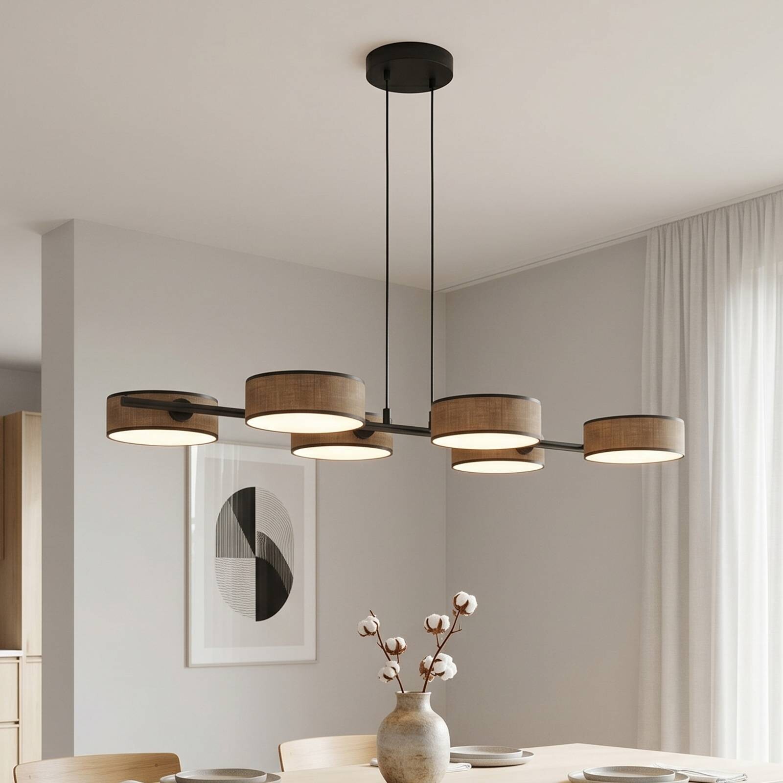 Závesné svietidlo DRUMZ, hnedé, dĺžka 100 cm, 6-pl., textilné, E14