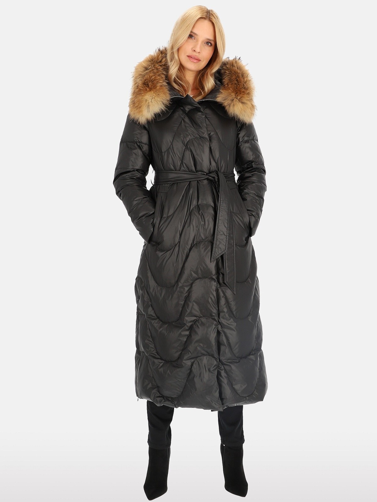 PERSO Woman's Women's coat tied with natural fur, black color