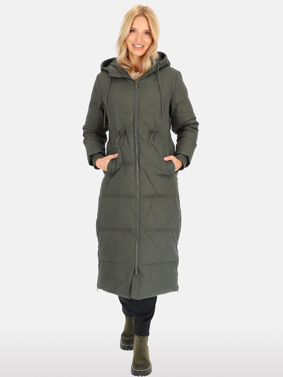 PERSO Woman's Women's long real down jacket with a zipper , khaki color