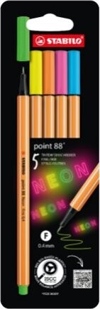 STABILO point 88, neónové farby – sada 5 ks