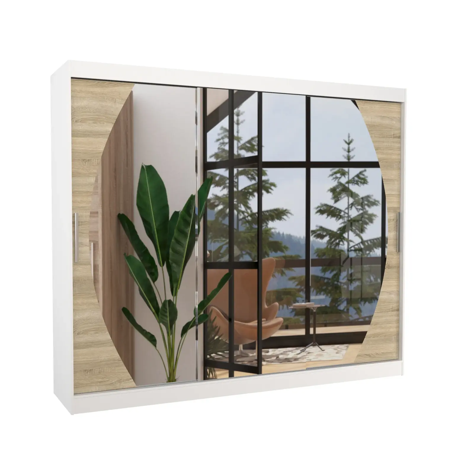 Šatníková skriňa s posuvnými dverami a zrkadlom Camb 250 cm biela/dub Sonoma