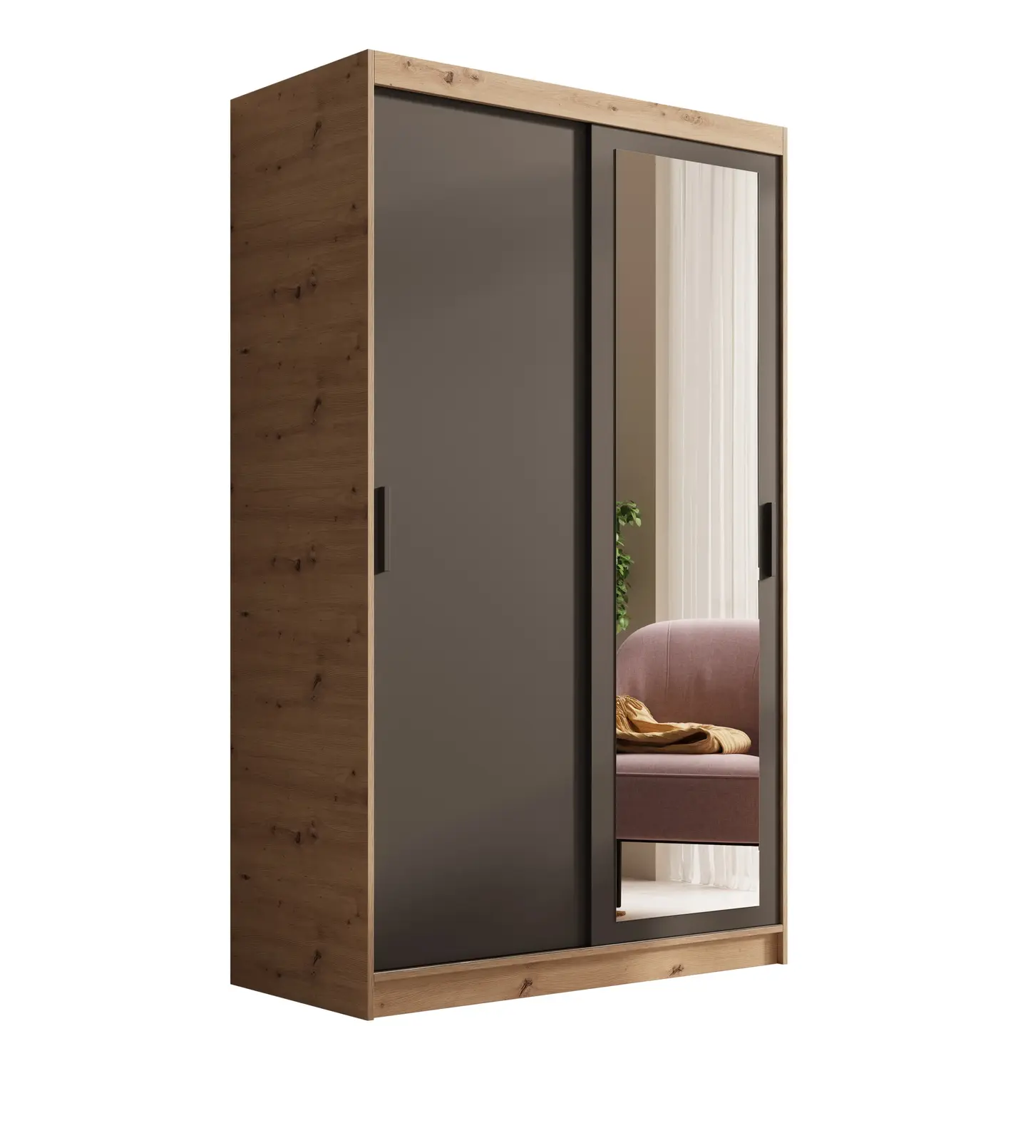 Šatníková skriňa s posuvnými dverami a zrkadlom Haley 120 cm dub Artisan/čierna