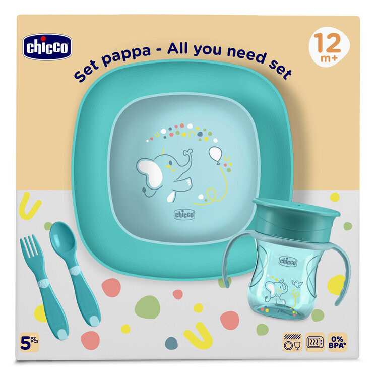 CHICCO Set jedálenský - miska, tanier, fľaša a príbor blue 12m+