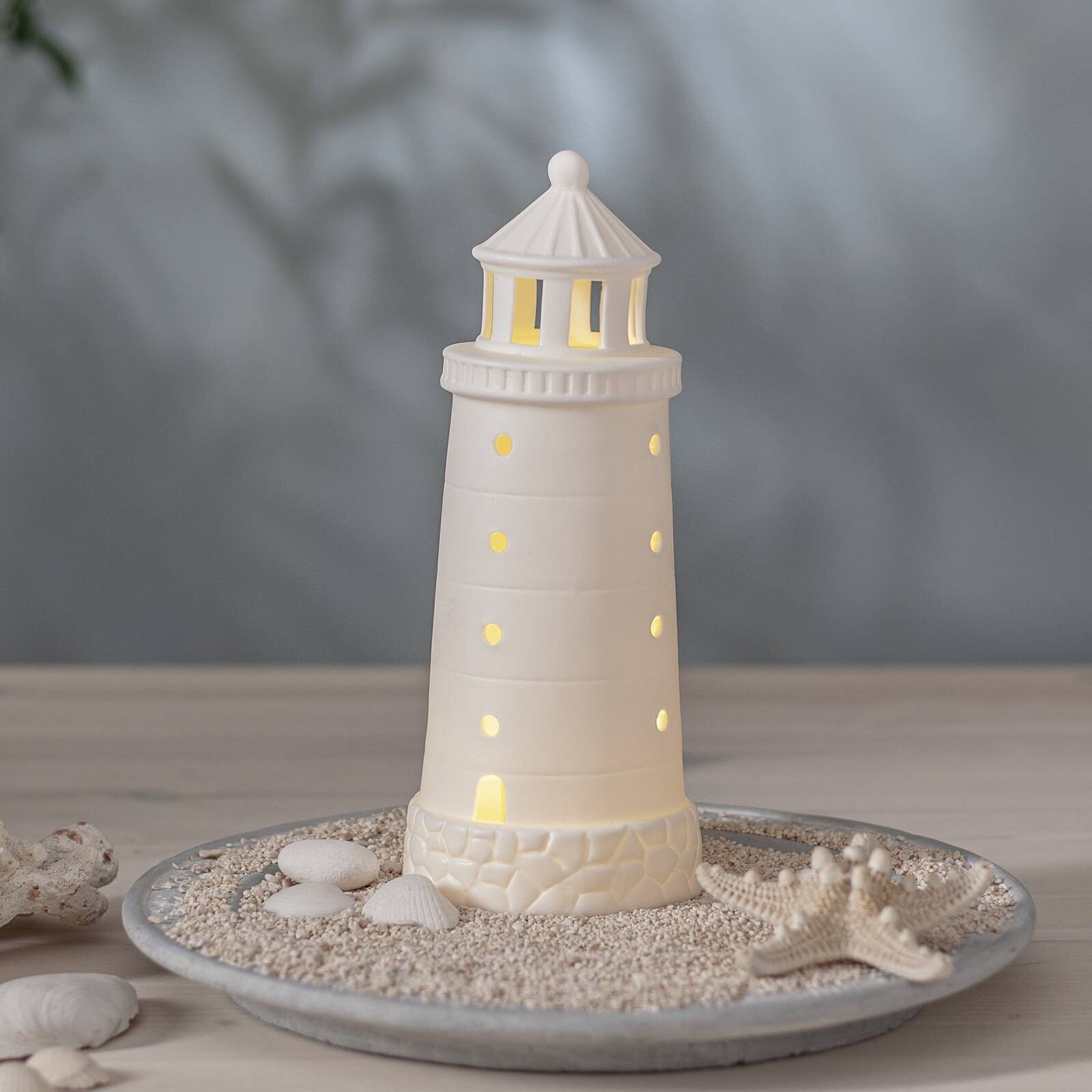Dekoratívne LED svietidlo Seaside, biele, porcelánové, výška 25 cm